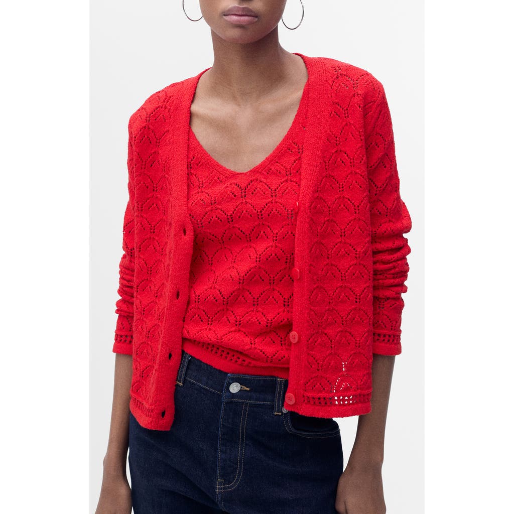 Mango Pointelle Stitch Cotton Blend Cardigan In Red
