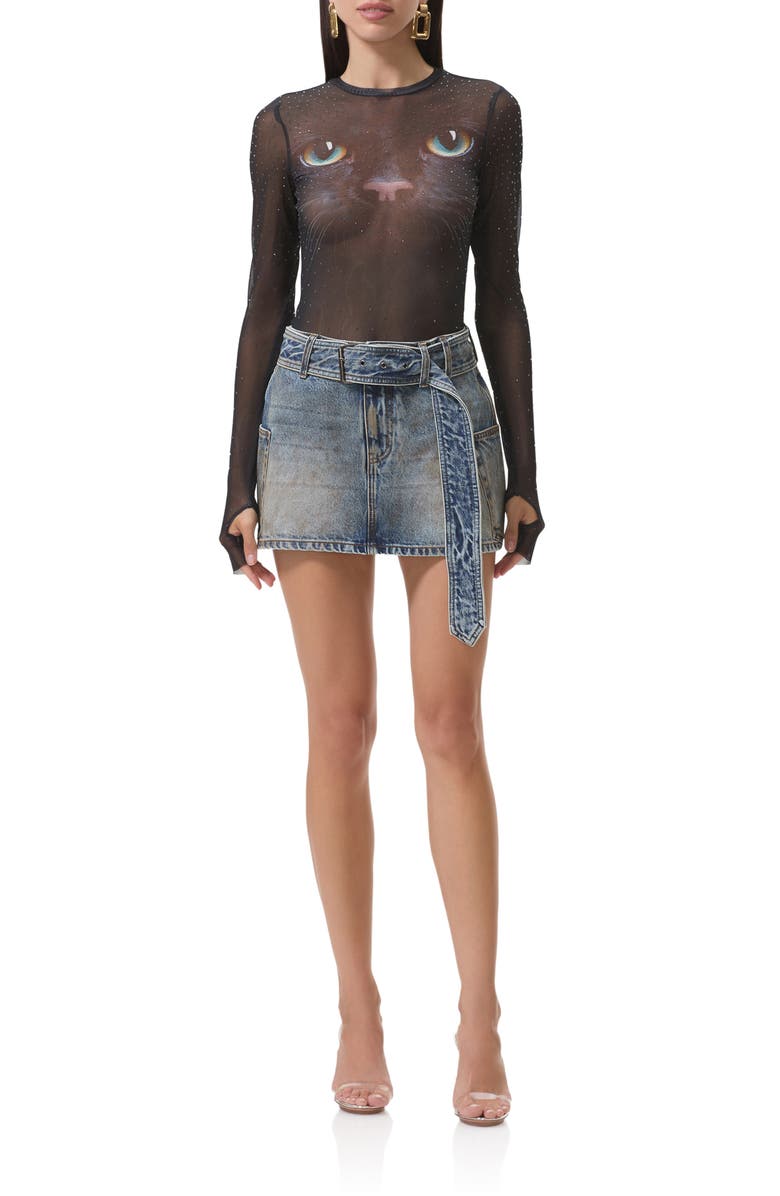 AFRM Kaylee Dew Drop Printed Long Sleeve Mesh Top, Alternate, color, Black Cat