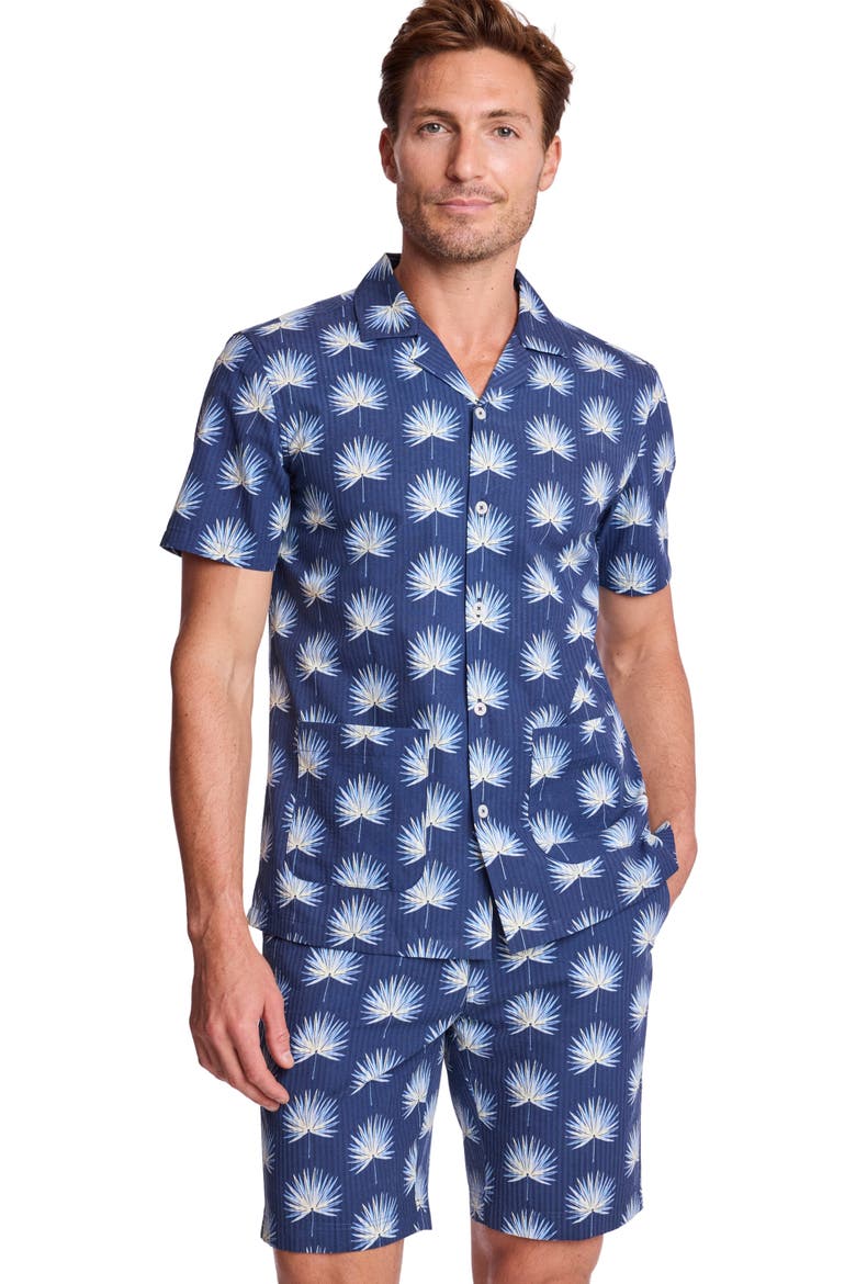 Frond Cotton Blend Camp Shirt, Alternate, color, OCEAN WHITE SEERSUCKER