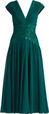 Tadashi Shoji Sequin Pleated Chiffon Midi Dress