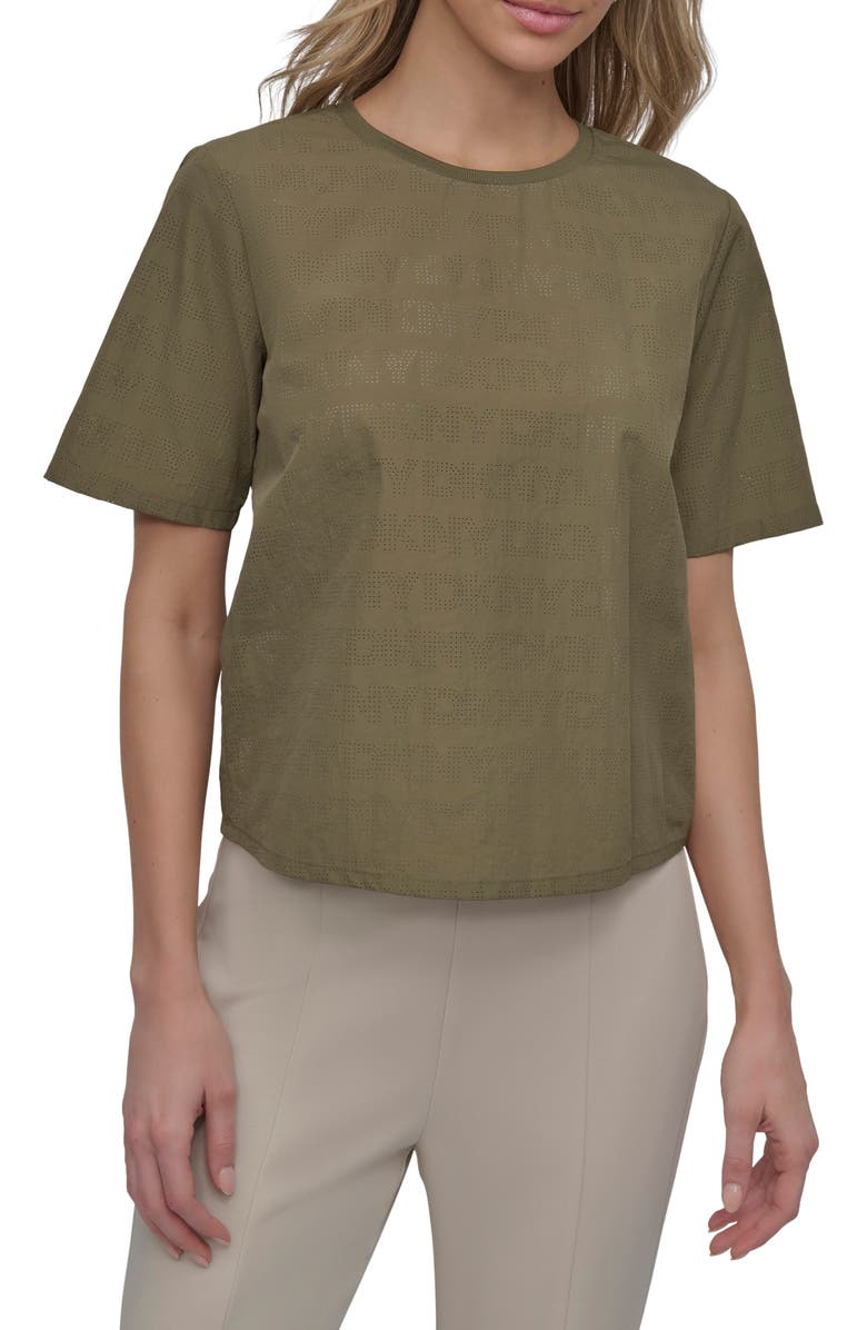 DKNY Peforated Logo Boxy Nylon T-Shirt, Main, color, Utility Green