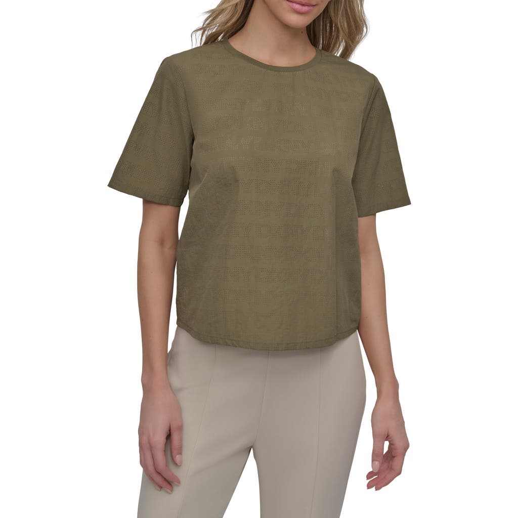 Dkny Peforated Logo Boxy Nylon T-shirt In Utility Green
