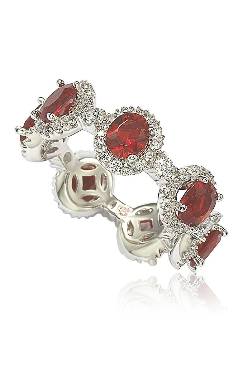 Sterling Silver Prong Set Red CZ & Pave Halo Station Eternity Band Ring, Alternate, color, RED
