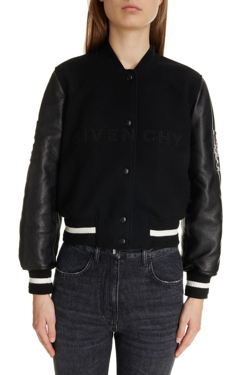 Givenchy Regular Fit Leather & Wool Blend Crop Varsity Jacket, Main, color, 
