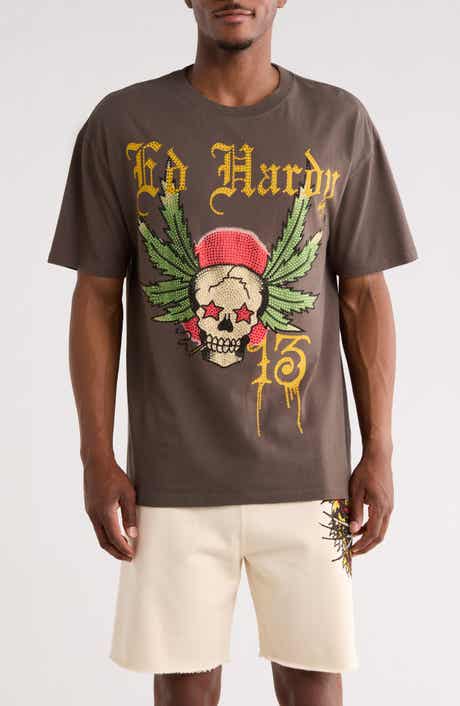 Ed Hardy Rhinestone 13 Skull Boxy Graphic T-Shirt