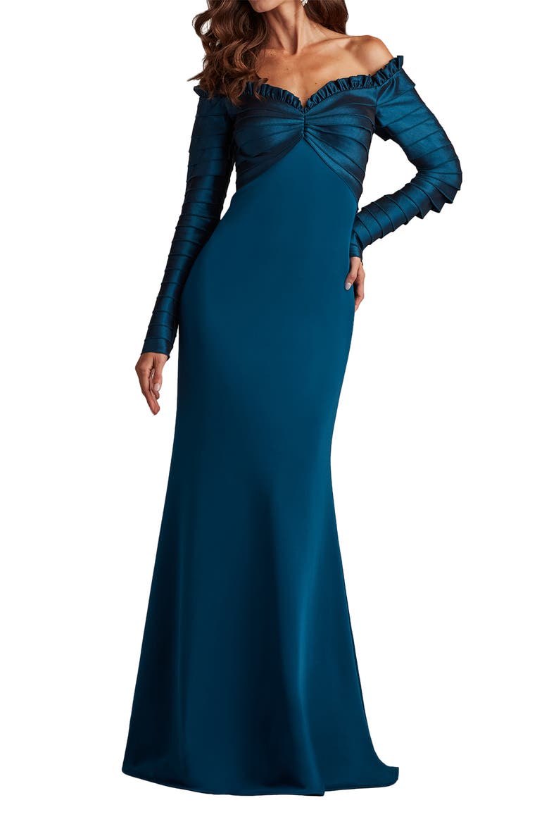 Off the Shoulder Long Sleeve Mermaid Gown, Alternate, color, CERULEAN