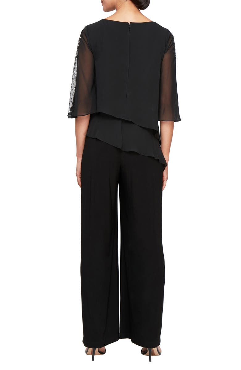 SL FASHIONS Tiered Capelet Jumpsuit, Alternate, color, Black