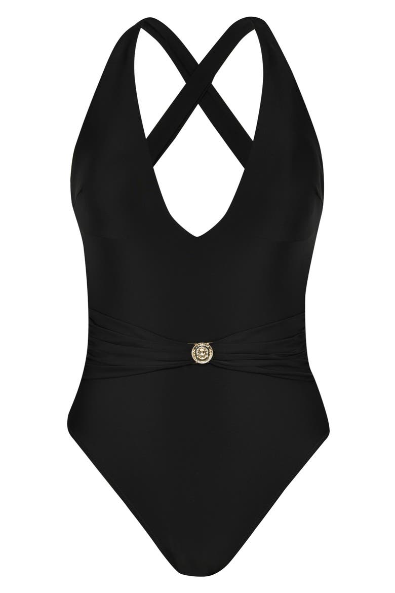 Lisa Solids Plunge One-Piece Swimsuit, Alternate, color, BLACK