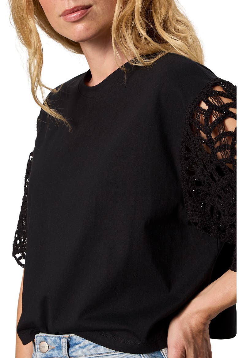 Belle Lace Sleeve Organic Cotton T-Shirt, Alternate, color, BLACK