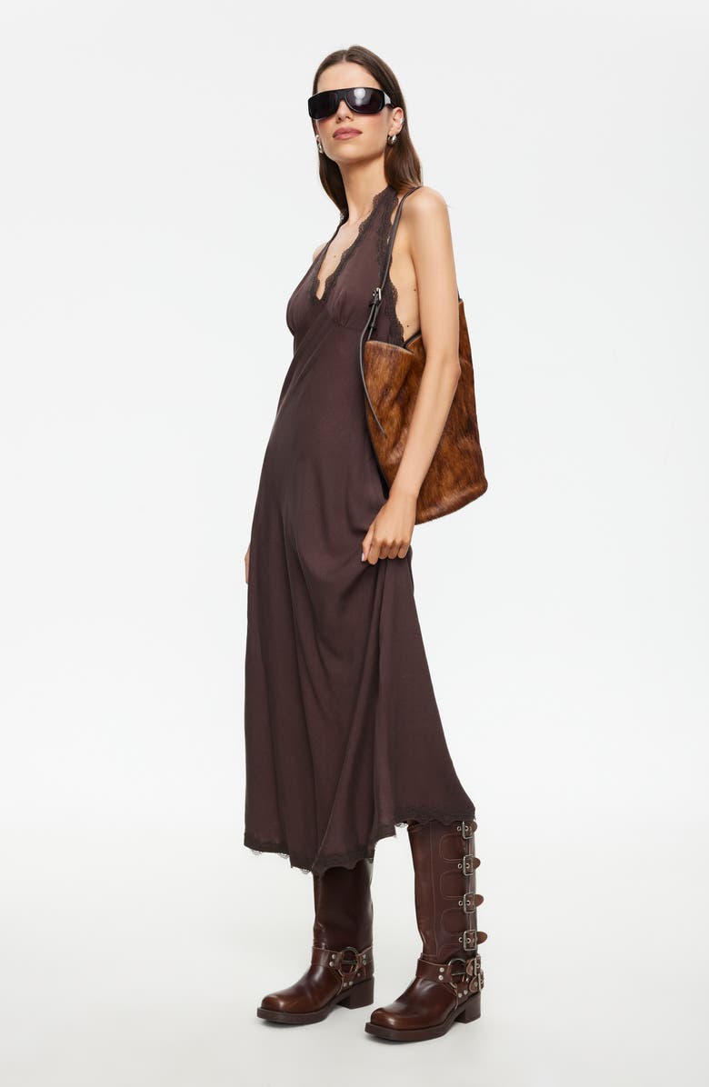 LIONESS Stars Align Lace Trim Linen Blend Halter Midi Dress, Alternate, color, Brown