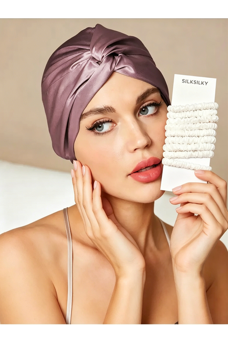 Silk Bonnet & Scrunchie Set for Sleep & Styling, Main, color, PaleMauve White