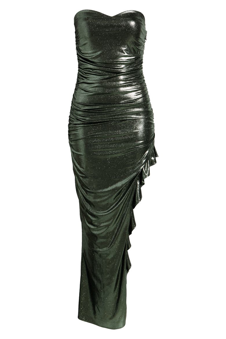 Ruched Foil Strapless Gown, Alternate, color, GREEN