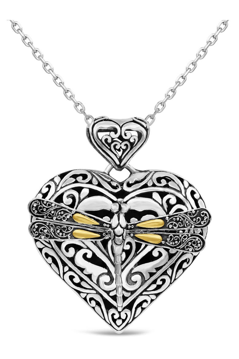 Dragonfly Heart Pendant Necklace in Sterling Silver and 18K Gold, Main, color, Silver