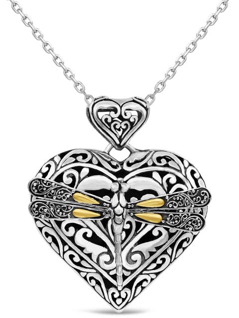 Dragonfly Heart Pendant Necklace in Sterling Silver and 18K Gold