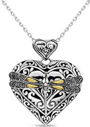 DEVATA Dragonfly Heart Pendant Necklace in Sterling Silver and 18K Gold