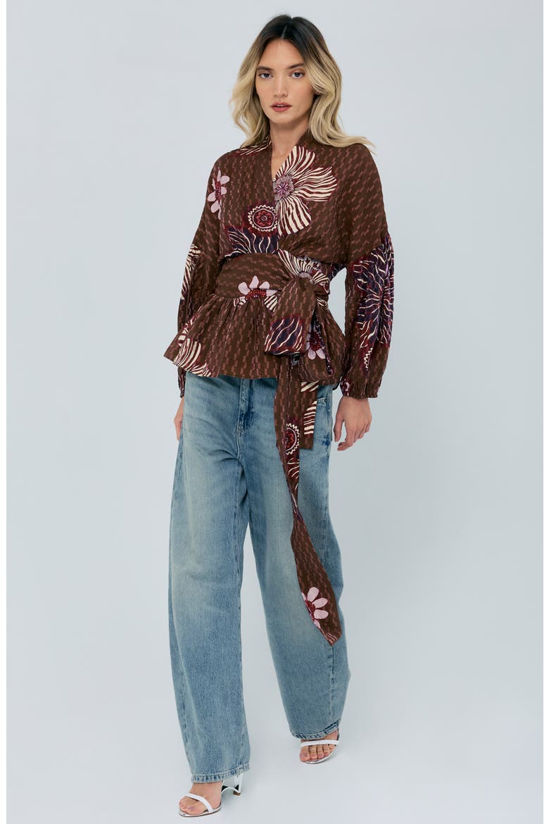 Opal Floral Balloon Sleeve Wrap Top, Alternate, color, BROWN MULTI