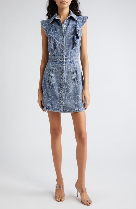 Marlowe Embroidered Ruffle Shoulder Sleeveless Denim Minidress