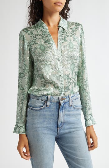 Alice + Olivia Eloise hotsell Mandarin-Collar Button-Front Floral-Burnout Blouse