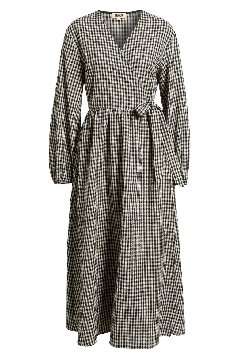 Anemone Gingham Long Sleeve Seersucker Wrap Dress, Alternate, color, NOIR