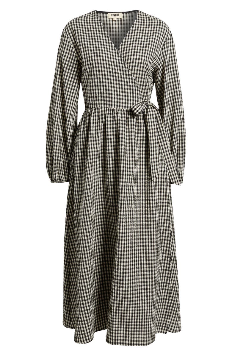 FRNCH Anemone Gingham Long Sleeve Seersucker Wrap Dress, Alternate, color, Noir