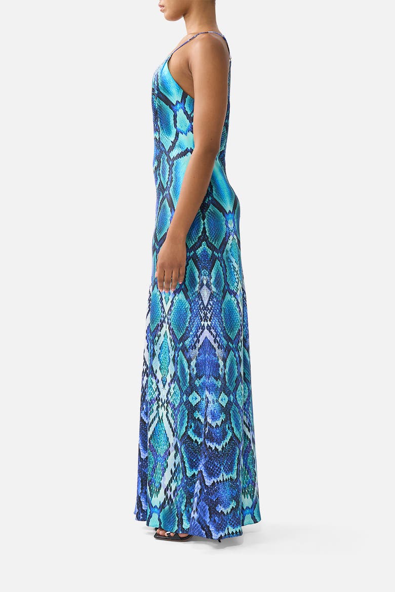 V Neck Full Length Bias Slip Dress, Alternate, color, The Sapphire Serpent