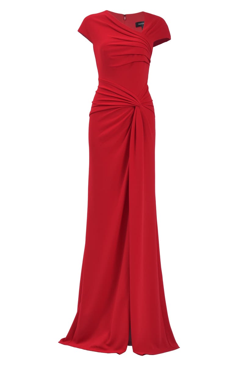 Tadashi Shoji Asymmetric Neck Cap Sleeve Crepe Gown, Alternate, color, Flame