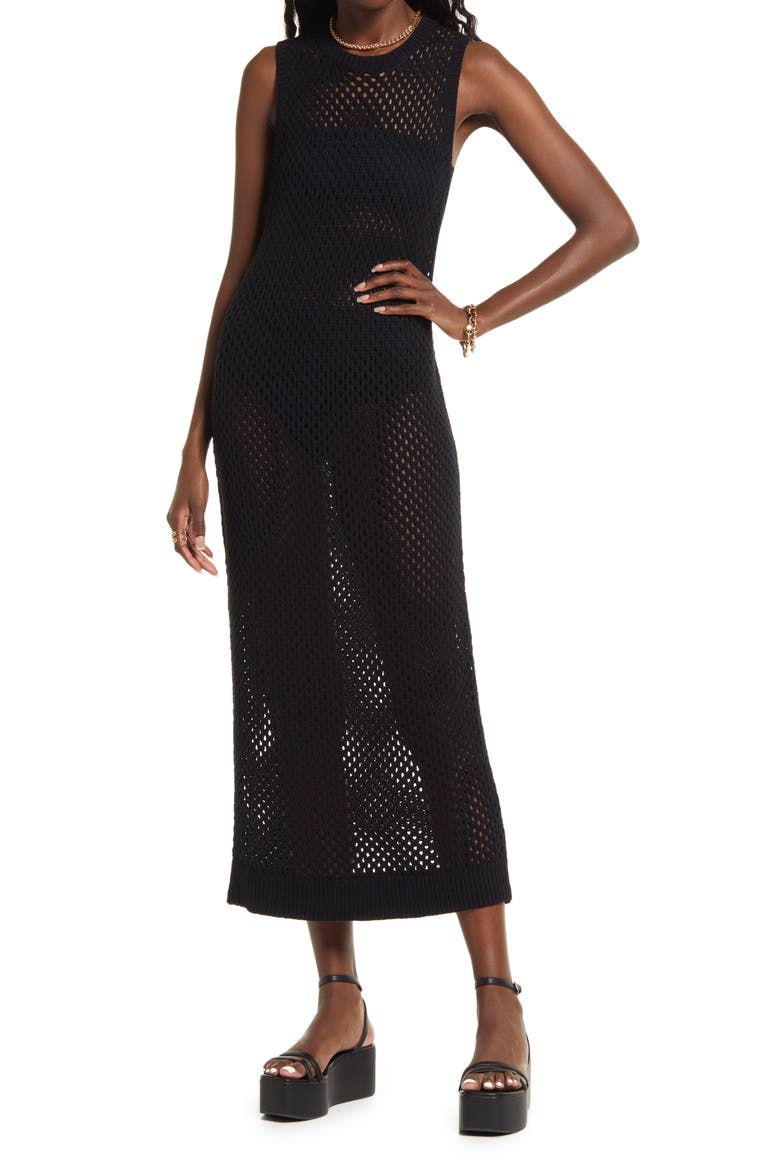 Open Stitch Sleeveless Cotton Blend Sweater Dress, Main, color, BLACK