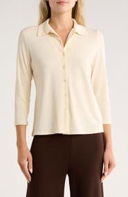 JASON WU Three-Quarter Sleeve Knit Button-Up Shirt