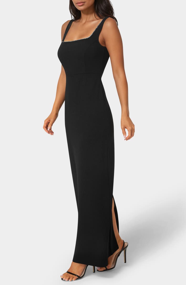 bebe Rhinestone Trim Square Neck Maxi Dress, Alternate, color, Black