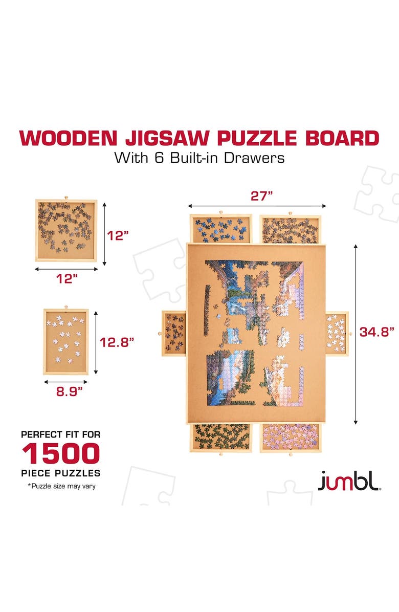Jumbl 1500-Piece Wooden Puzzle Board with Drawers, Lazy Susan & Cover, Rotating Table, Alternate, color, Beige