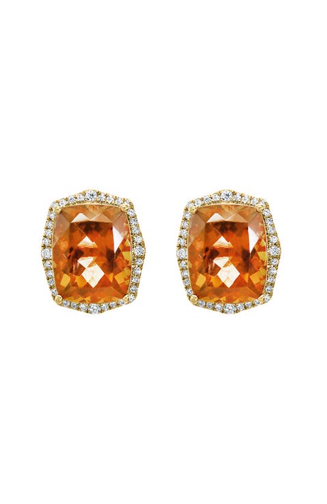 14K Yellow Gold Cushion Cut Citrine Halo Stud Earrings