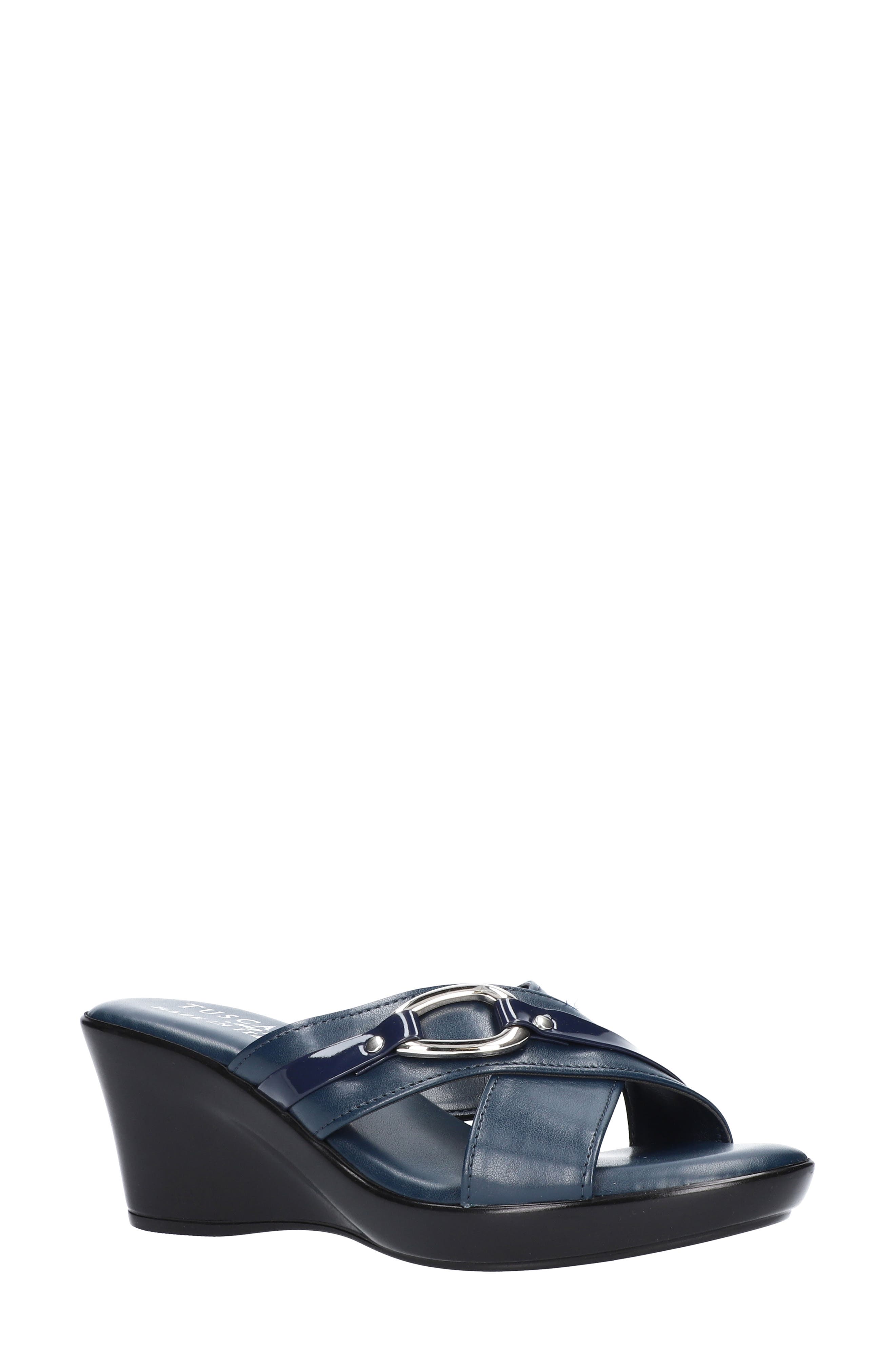 Deusilla Wedge Slide Sandal, Main, color, NAVY PATENT FAUX LEATHER