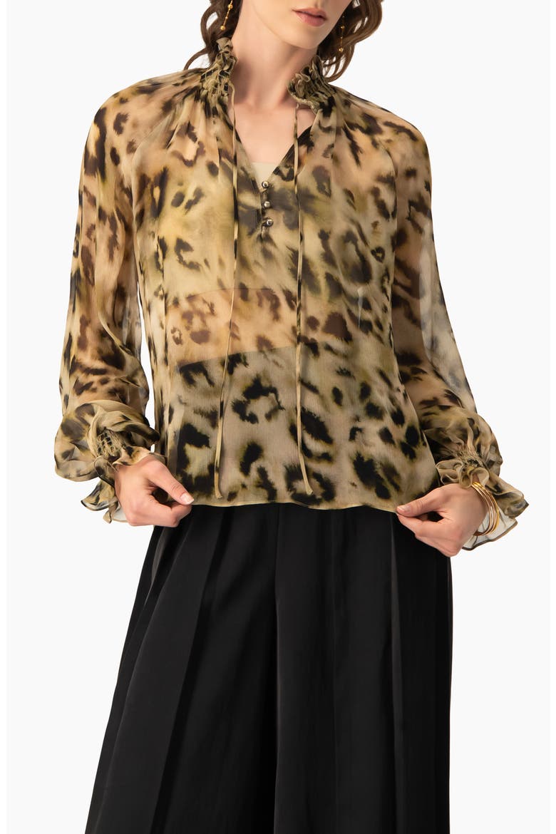 Sheer Chiffon Tie-Neck Blouse in Abstract Animal Print, Main, color, Olive Green
