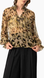 IVONNE Sheer Chiffon Tie-Neck Blouse in Abstract Animal Print
