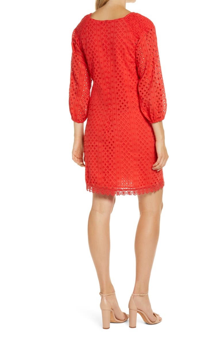Long Sleeve Eyelet Poplin Shift Dress, Alternate, color, RED