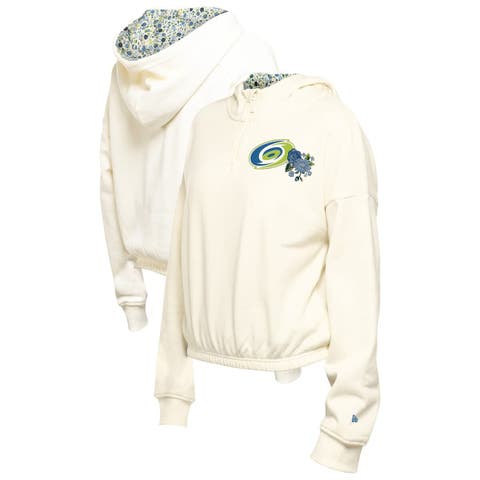 Women's New Era Cream Carolina Hurricanes Glam Game Quarter-Zip Cropped Floral Hoodie Pullover