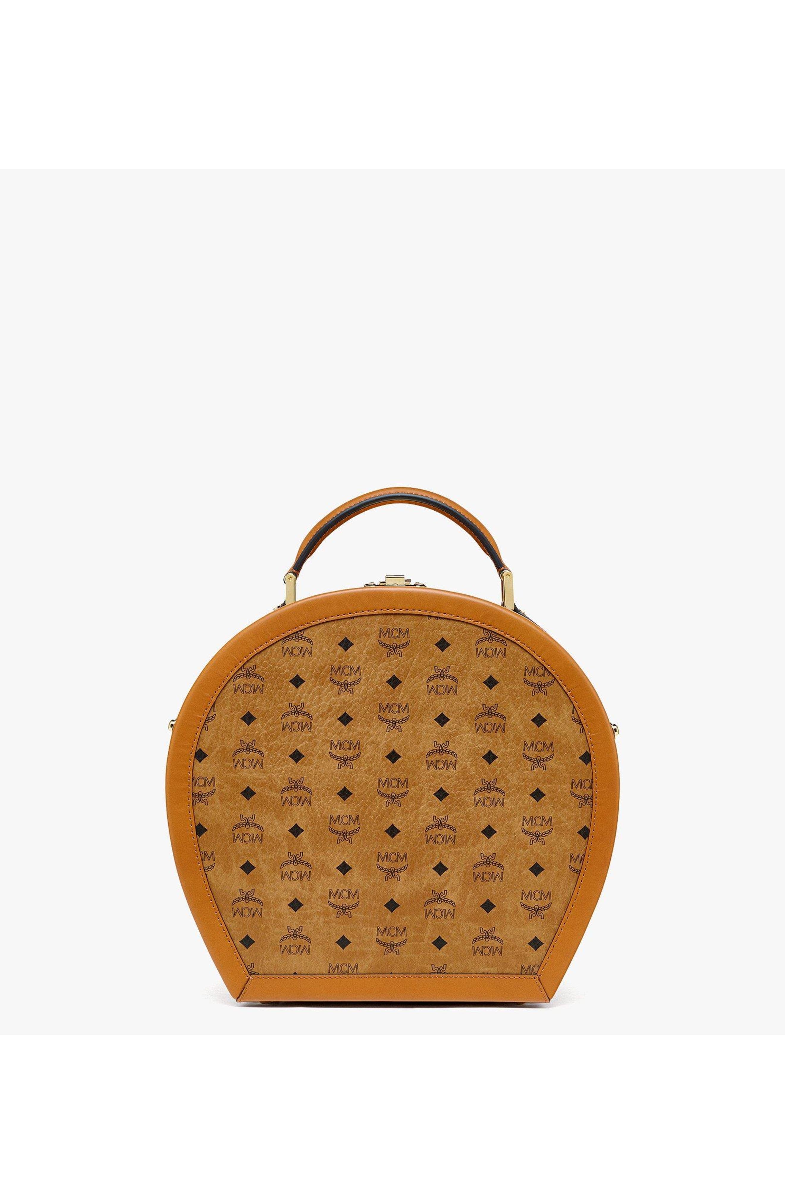 MCM Hat Box in Visetos, Main, color, Cognac