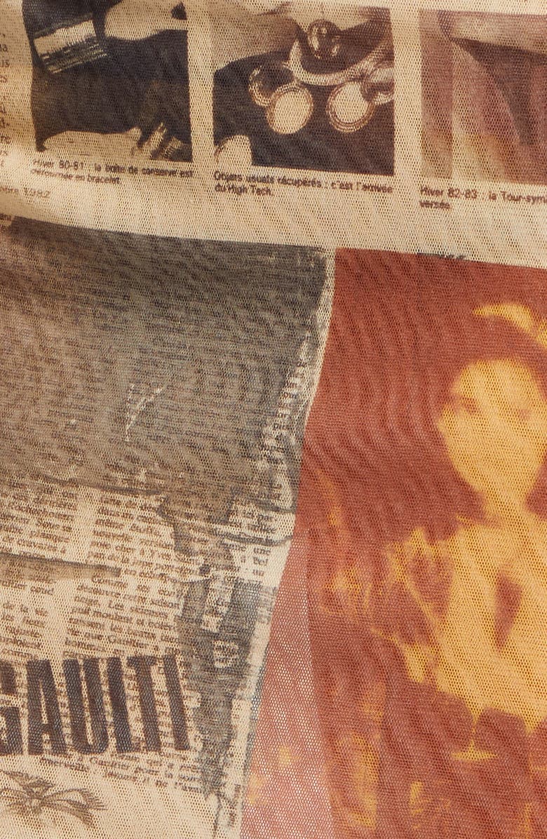 Jean Paul Gaultier Newspaper Print Mesh Miniskirt, Alternate, color, Ecru/ Light Grey/ Red