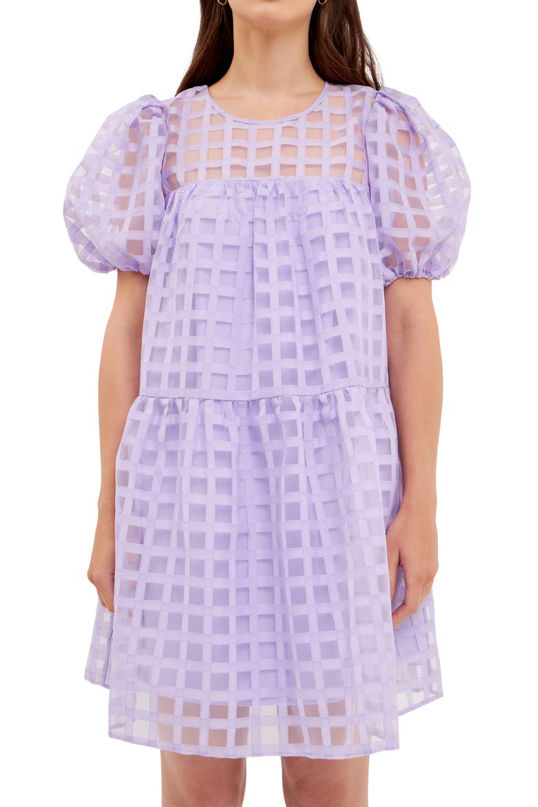 Gridded Puff Sleeve Dress, Alternate, color, LAVENDER