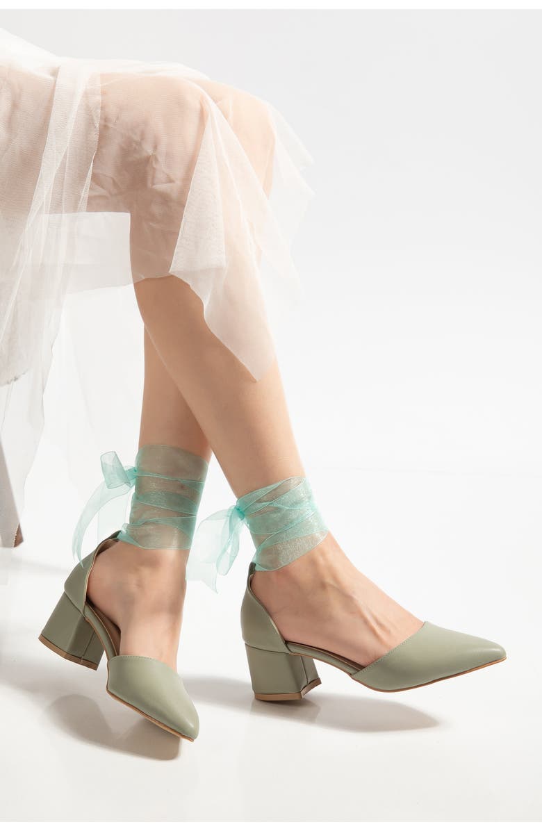 Forever & Always Shoes Fiona Low Block Heels with Ribbon, Alternate, color, Olive Green