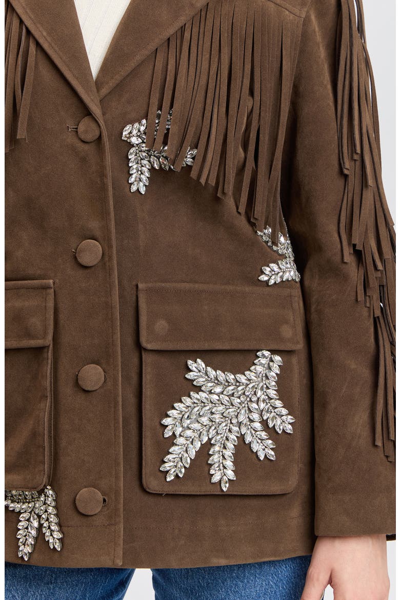 Rhinestone Appliqué Faux Suede Fringe Oversized Jacket, Alternate, color, CHOCOLATE