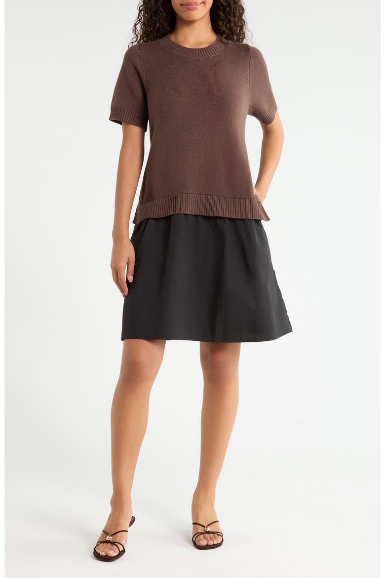 Karola Mixed Media Minidress, Main, color, DARK BROWN