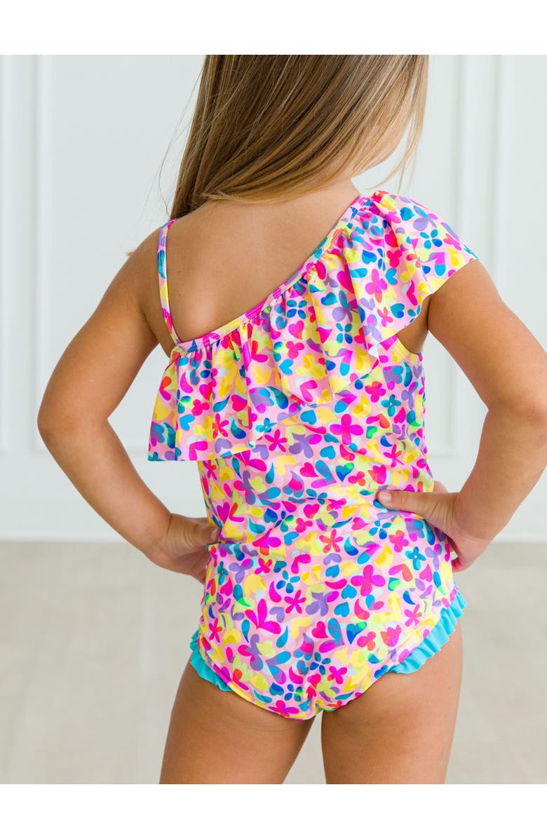 RuffleButts Girls UPF50+ Sun Protection One Shoulder Ruffle One Piece, Alternate, color, Vibrant Neon