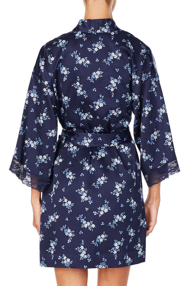 Satin Wrap Short Robe, Alternate, color, NAVY PRINT