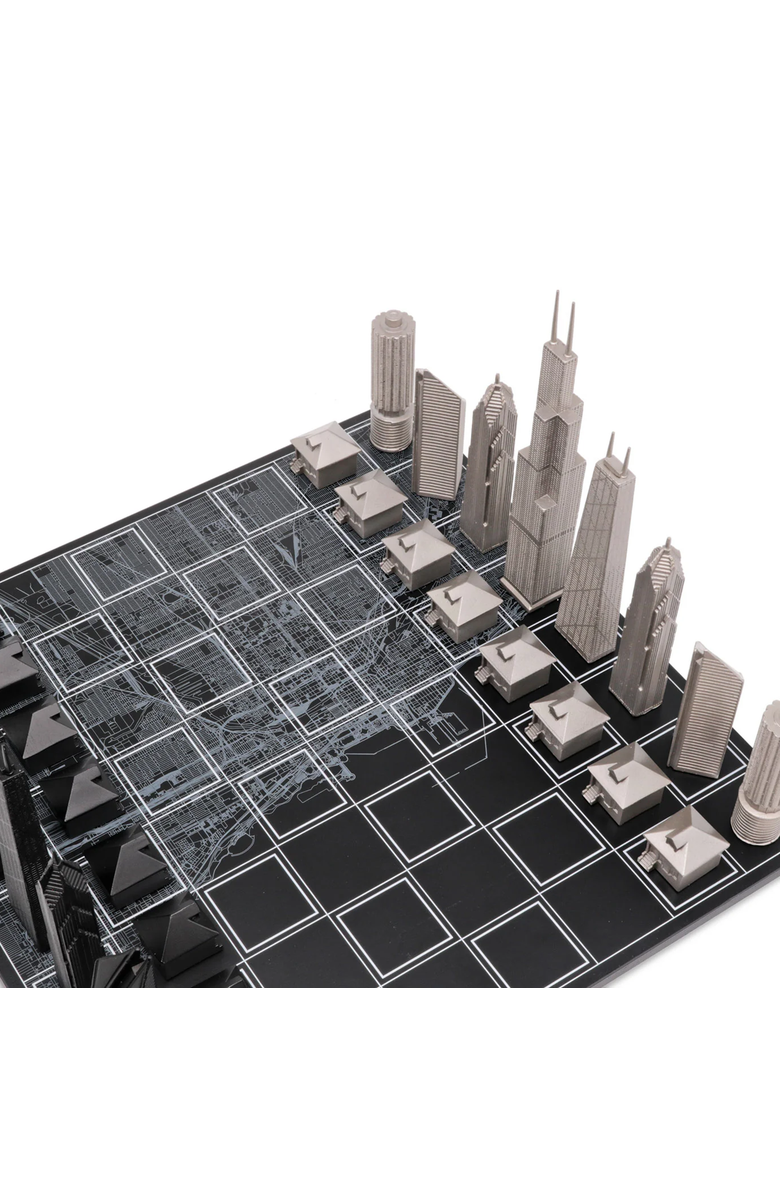 SKYLINE CHESS Chess Set Stainless Steel Chicago Edition with Wood Map Board, Alternate, color, Black