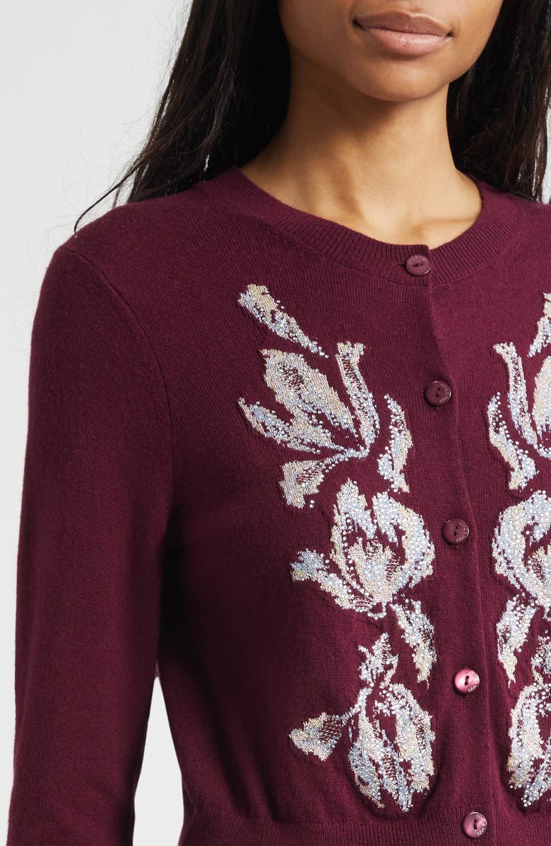 Cinq à Sept Isolde Tulip Jacquard Cardigan, Alternate, color, Deep Plum