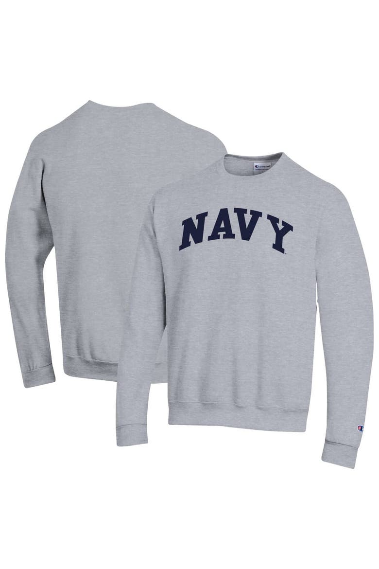 Men's Champion  Heather Gray Navy Midshipmen Basic Arch Fleece Pullover Sweatshirt, Alternate, color, Heather Gray