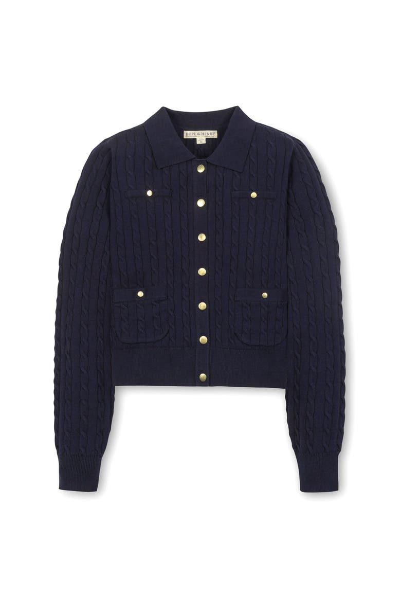 Hope & Henry Organic Cable Knit Collared Cardigan Sweater, Alternate, color, Navy Cable