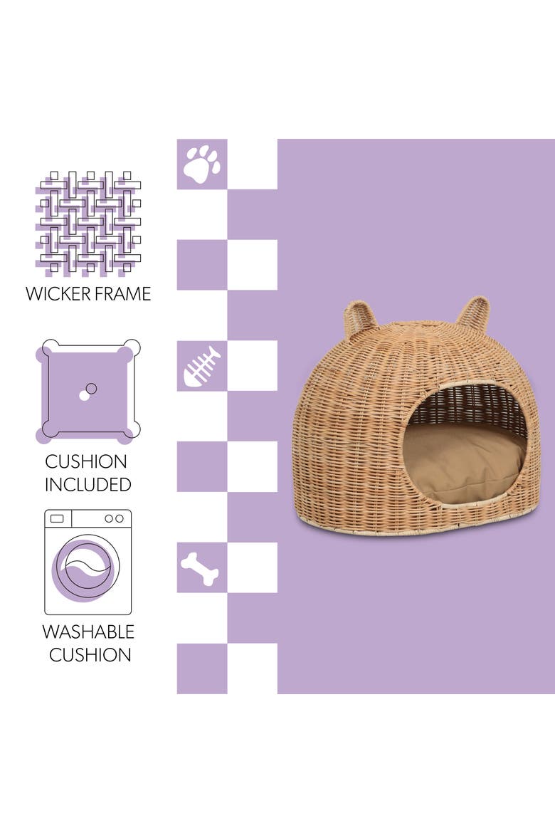 Cat Ear Water Hyacinth Pet Bed with Machine-Washable Cushion, Alternate, color, Light Brown