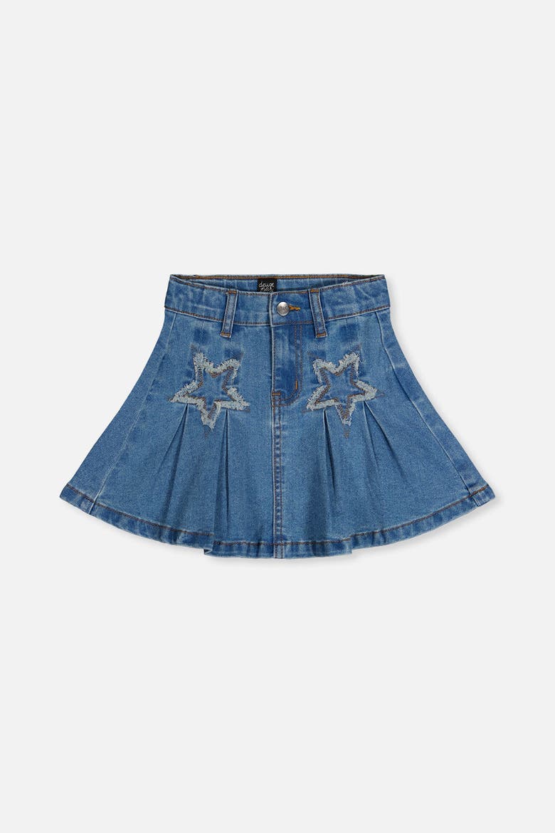 Pleated Denim Elastic Waistband Star Appliqué Skirt, Main, color, Navy Blue Denim